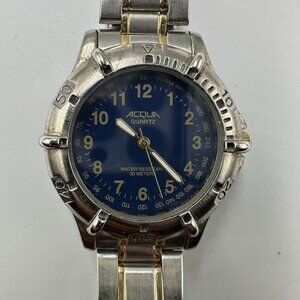 Acqua Watch Men Silver Gold Two Tone Blue Dial Water Resistant New Battery 6.75"